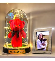 Kişiye Özel Fotoğraflı ve İsimli Hediye Seti, Renkli Peluş ve Led Işıklı Fanus HA2 (Kırmızı)