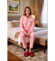 Kadın Kiraz Desenli Fermuarlı Waffle Pijama Takımı Fonksiyonel Dayanıklı Kaliteli Konforlu