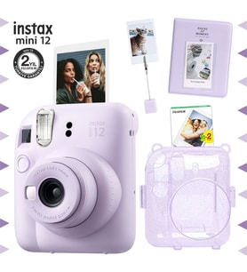 Instax mini 12 Lila Fotoğraf Makinesi-20'li Film-Kıskaçlı Stand-PVC Albüm ve Simli Pleksi Kılıf Seti