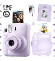 Instax mini 12 Lila Fotoğraf Makinesi-20'li Film-Kıskaçlı Stand-PVC Albüm ve Simli Pleksi Kılıf Seti