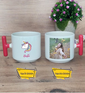 Unicorn Kupa Bardak Fotoğraflı T Kırmızı Kulplu Kardeşe Sevgiliye Arkadaşa Hediye