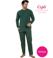 Guava Erkek Bisiklet Yaka Düğmesiz Ekose Desen Modal Mevsimlik Uzun Kol Manşetli Cepli Pijama Takımı (Yeşil)