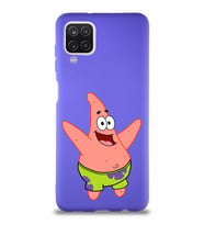 Samsung Galaxy A12 Soft Premier Kapak Patrick Yıldız Tasarımlı Silikon Kılıf - Mor (Şeffaf)