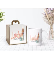 BK Gift Kişiye Özel Ahşap Kutuda London Tasarımlı Beyaz Kupa Bardak-2