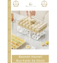 Premium Dayanıklı Bpa İçermeyen Düğmeli Basmalı Çift 56'lı Buz Küpü Kalıbı Kullanışlı Saklama Kutulu