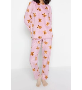 Tarz Rahat Uzun Kollu Boru Paça Polar Ayıcık Desenli Kışlık Örme Pijama Takımı (Pembe)