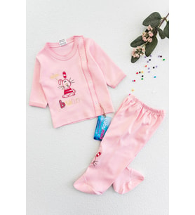 Önden Çıtçıtlı Tavşan Figürlü İkili Kız Bebek Takımı (Pembe)
