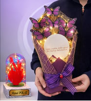 Led Işıklı Aynalı Mor Kelebek Buketi Kişiye Özel Renkli Işıklı Fanus Hediyeli (Model 7)
