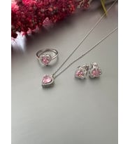 Gümüş Pembe Taşlı Kalp Yüzük Kolye Küpe Seti