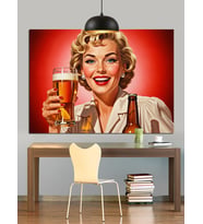 Retro Kadın Bira İçiyor Dekoratif Kanvas - Mdf Ahşap Tablo