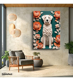 Dikey Kanvas Tablo Köpek ve Çiçekler Hayvan Tablosu Ev Ofis Duvar Dekoru