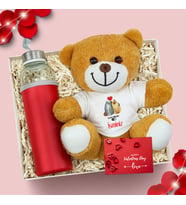 Kişiye Özel Tasarımlı Peluş Ayıcık & Özel Deri Kılıflı 500 ML Kırmızı Su Matarası Hediye Seti