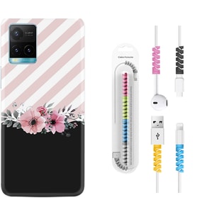 Vivo Y11S Y21S Y20 Y20S Y70 Kılıf Kablo Koruma Spiral Silikon Strip Pink Flowers 1396