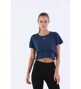 Maraton Comfort Kadın Bisiklet Yaka Navymelanj Crop Top