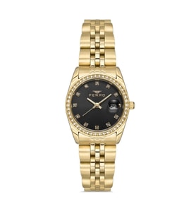 Ferro Fl21450a-b2 Quartz Çelik Altın Rengi Siyah Kadran 28 mm Kadın Kol Saati