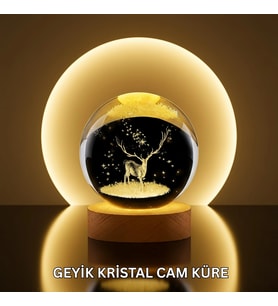 Doğal Ahşap Standlı Geyik Figürlü Kristal Küre Led Dekoratif Lamba