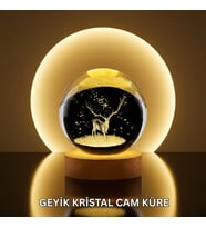 Doğal Ahşap Standlı Geyik Figürlü Kristal Küre Led Dekoratif Lamba