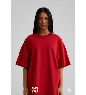 Oversize Tişört Kadın  Sol Alt "NEVERMIND" Baskılı Geniş Kalıp T-Shirt Unisex (Kırmızı)