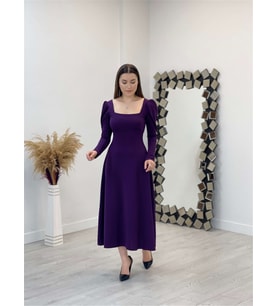 Krep Kumaş Kare Yaka Midi Elbise - Patlıcan Mor (Patlıcan Moru)