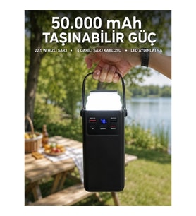 Mey İthalat® LED Aydınlatmalı Powerbank 50.000 mAh 22,5 W Hızlı Şarj 4 Dahili Kablolu Dijital Pil Gö
