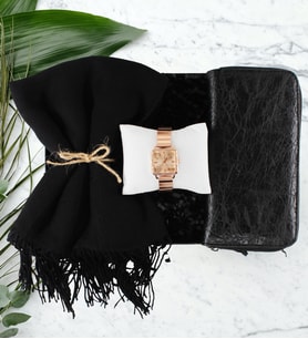 Anneler Gününe Özel Siyah Şal & Rose Gold Kol Saati & Siyah Cüzdan Hediye Seti