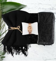 Anneler Gününe Özel Siyah Şal & Rose Gold Kol Saati & Siyah Cüzdan Hediye Seti