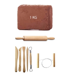 Kahve Çamur Kırmızı Kil Seramik Hamuru 1 kg Ebeşuar Seti Ahşap Merdane Seramik Çamur Kesme Teli