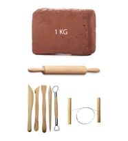 Kahve Çamur Kırmızı Kil Seramik Hamuru 1 kg Ebeşuar Seti Ahşap Merdane Seramik Çamur Kesme Teli