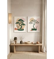 Minimalist Doğa Bonsai Ağaçları 2'li Ahşap Çerçeveli Tablo Seti