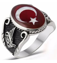 Gümüş Osmanlı Armalı Tuğralı Kırmızı Mineli Ay Yıldız Erkek Yüzük