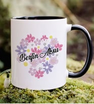 BK Gift Kişiye Özel İsimli Çiçek Tasarımlı Siyah Kupa Bardak- 17, Arkadaşa Hediye, Sevgiliye Hediye, Doğum Günü Hediyesi