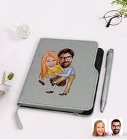 BK Gift Kişiye Özel Sevgililer Karikatürlü Gri Termo Deri Defter Kalem Seti-102