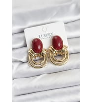 Pirinç Gold Renk Bordo Taşlı Vintage Kadın Küpe - TJ-BKP11356