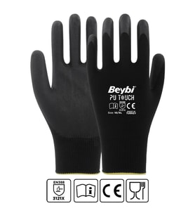 Beybi 7 Beden 12li Paket  Poliüretan Kaplı Pu Touch Siyah Montaj Eldiven  EN388 (3121X)