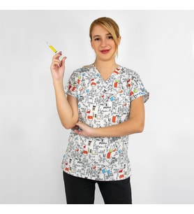 Unisex Laborant Desenli Esnek  Likralı Laboratuar Biyoloj Araştırmacı Scrubs Tek Üst Forma (Beyaz)