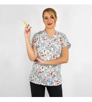 Unisex Laborant Desenli Esnek  Likralı Laboratuar Biyoloj Araştırmacı Scrubs Tek Üst Forma (Beyaz)