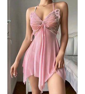 Mulvxbrf Brf02 Kadın Pembe Kelebek Detaylı Tül Şık Tasarım Gecelik (Mulvix)