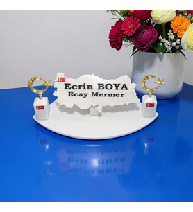 Doğal Beyaz Mermer İsimlik Haritalı Gold Çift Dikme Ay Yıldız