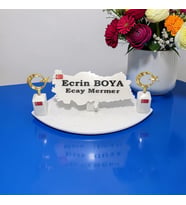 Doğal Beyaz Mermer İsimlik Haritalı Gold Çift Dikme Ay Yıldız