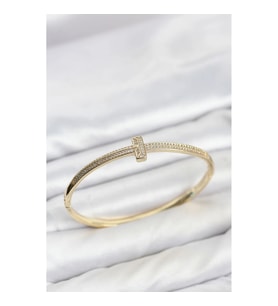 Mey İthalat® Gold Renk T Model Zirkon Taşlı Kadın Kelepçe Bileklik