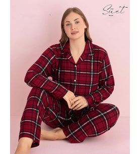 Pijamerry Kadın Büyük Beden Gömlek Yaka Süet Uzun Kol Pijama Takımı 5270- 1 Adet (Bordo)