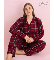 Pijamerry Kadın Büyük Beden Gömlek Yaka Süet Uzun Kol Pijama Takımı 5270- 1 Adet (Bordo)