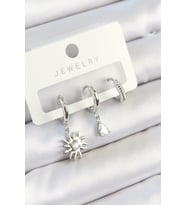 Pirinç Zirkon Taşlı Güneş Model Gümüş Renk 3'lü Çift Kadın Küpe Set - HEP-7068-943