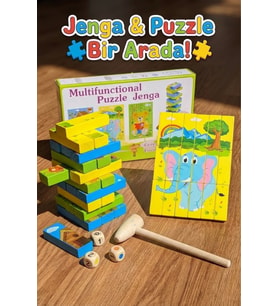 Eğitici Ahşap Resimli Jenga ve Puzzle Seti - Çekiçli Denge Kulesi Zeka Oyunu (Montessori)
