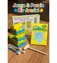 Eğitici Ahşap Resimli Jenga ve Puzzle Seti - Çekiçli Denge Kulesi Zeka Oyunu (Montessori)