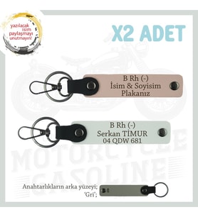 Erkek Motorcuya Hediye, İsim Plaka ve B Rh (-) Kan Grubu, Deri x2' li Anahtarlık, Yavruağzı-Beyaz-Gr (Çok Renkli)