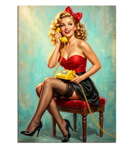 Sarı Telefonlu Kırmızı Elbiseli Pin-Up Dekoratif Kanvas - Mdf Ahşap Tablo