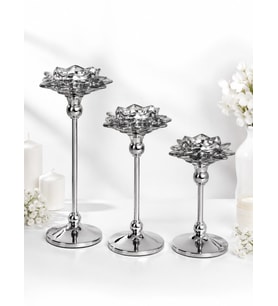 3'lü Metal Ayaklı Lotus Kristal Cam Şamdan Mumluk Seti (29 cm - 24 cm - 19 Cm) - Dekoratif Nilüfer Çiçeği