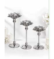 3'lü Metal Ayaklı Lotus Kristal Cam Şamdan Mumluk Seti (29 cm - 24 cm - 19 Cm) - Dekoratif Nilüfer Çiçeği