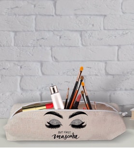 BK Gift But First Mascara Tasarımlı Keten Bez Makyaj Çantası-1